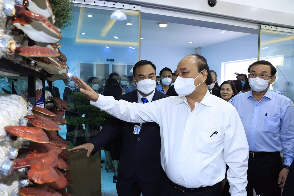 Chủ tịch nước Nguyễn Xuân Phúc thăm Phòng trưng bày sản phẩm nông nghiệp công nghệ cao. (Ảnh: Thống Nhất/TTXVN)