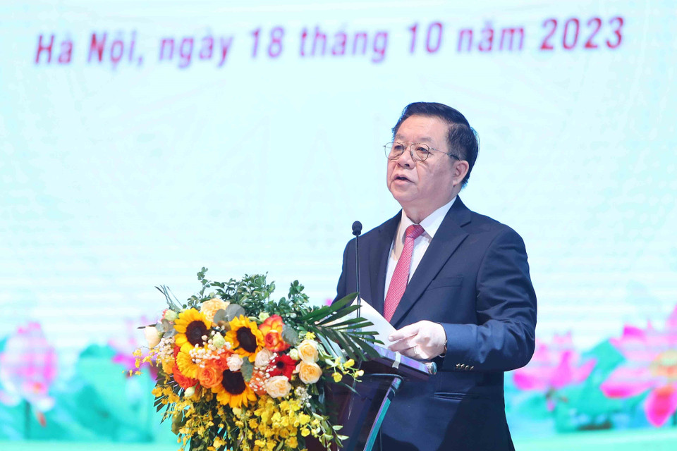 Ông Nguyễn Trọng Nghĩa, Bí thư Trung ương Đảng, Trưởng ban Tuyên giáo Trung ương, Phó Trưởng ban Chỉ đạo 35 Trung ương phát biểu. (Ảnh: An Đăng/TTXVN)