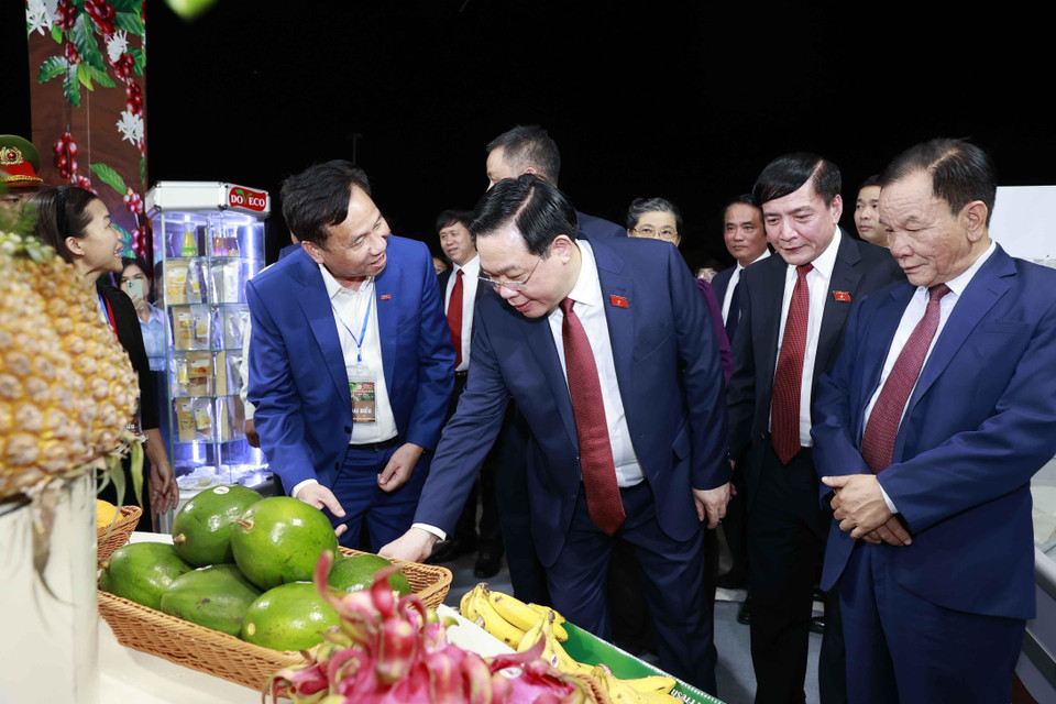 Chủ tịch Quốc hội Vương Đình Huệ thăm các gian hàng tại Hội chợ Triển lãm “Càphê Sơn La - Hội nhập và phát triển".(Ảnh: Doãn Tấn/TTXVN)