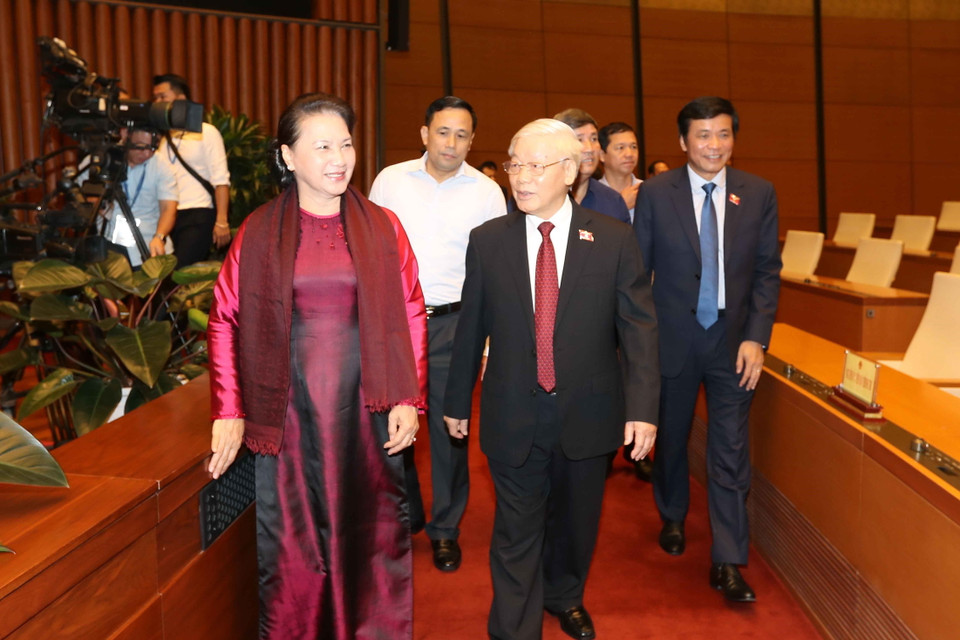 Tổng Bí thư, Chủ tịch nước Nguyễn Phú Trọng và Chủ tịch Quốc hội Nguyễn Thị Kim Ngân tại phiên khai mạc. (Ảnh: Trí Dũng/TTXVN)