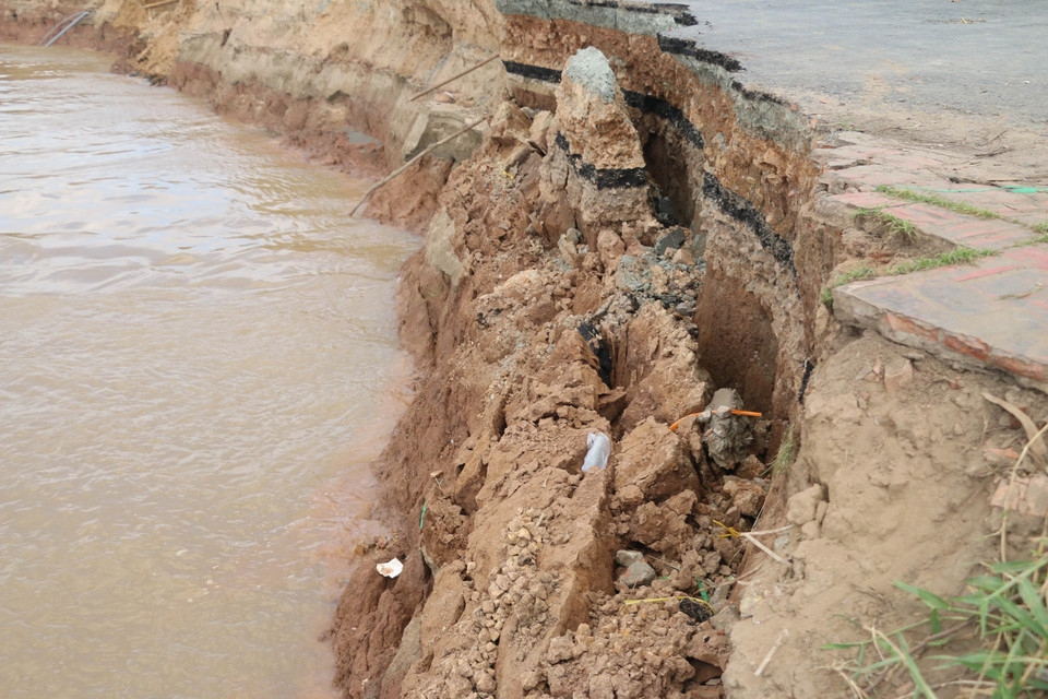 Đoạn Quốc lộ 91 qua địa bàn ấp Bình Tân, xã Bình Mỹ bị sạt lở từ ngày 1/8 đang có dấu hiệu sạt lở tiếp, nguy cơ sập hoàn toàn. (Ảnh: Công Mạo/TTXVN)