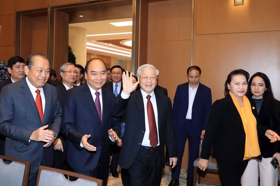 Tổng Bí thư, Chủ tịch nước Nguyễn Phú Trọng, Thủ tướng Nguyễn Xuân Phúc, Chủ tịch Quốc hội Nguyễn Thị Kim Ngân đến dự hội nghị. (Ảnh: Thống Nhất/TTXVN)