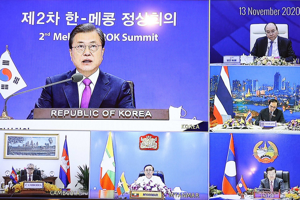 Tổng thống Hàn Quốc Moon Jae-in phát biểu trực tuyến. (Ảnh: Thống Nhất/TTXVN)