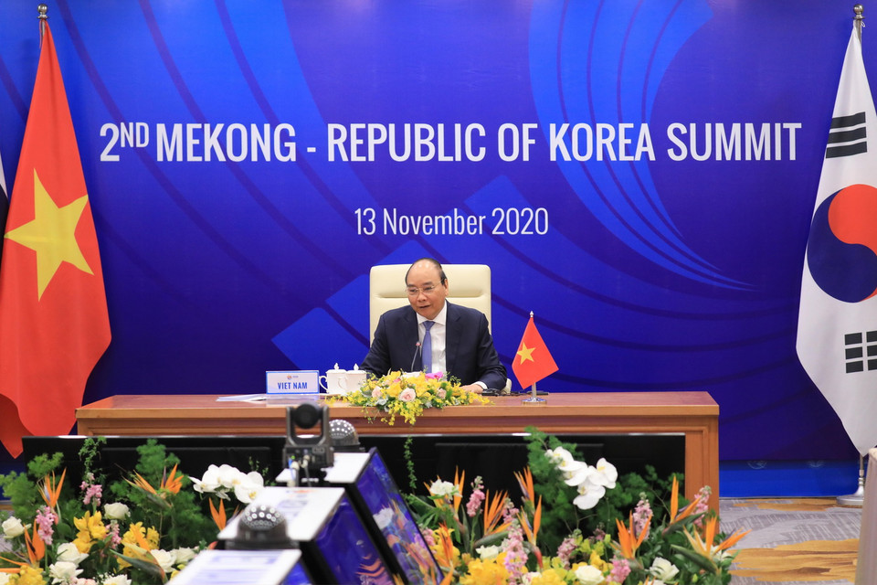 Thủ tướng Nguyễn Xuân Phúc phát biểu khai mạc Hội nghị Cấp cao Mekong-Hàn Quốc lần thứ 2. (Ảnh: Thống Nhất/TTXVN)