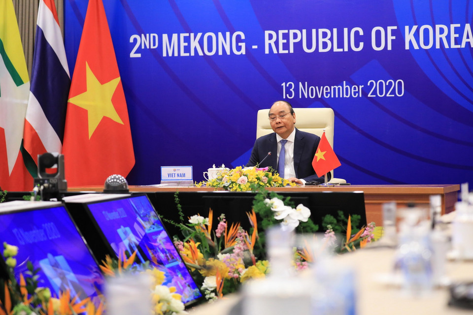 Thủ tướng Nguyễn Xuân Phúc phát biểu khai mạc Hội nghị Cấp cao Mekong-Hàn Quốc lần thứ 2 tại điểm cầu Hà Nội. (Ảnh: Lâm Khánh/TTXVN)