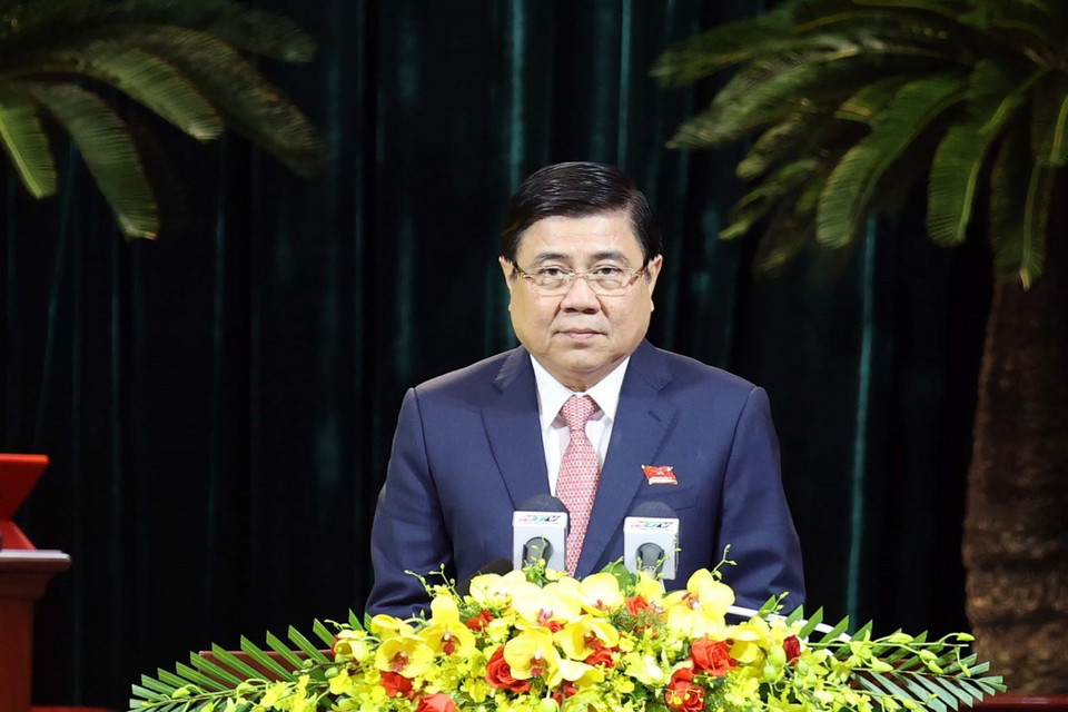 Ông Nguyễn Thành Phong, Ủy viên Trung ương Đảng, Phó Bí thư Thành ủy, Chủ tịch UBND Thành phố Hồ Chí Minh phát biểu tại Đại hội. (Ảnh: Thống Nhất/TTXVN)