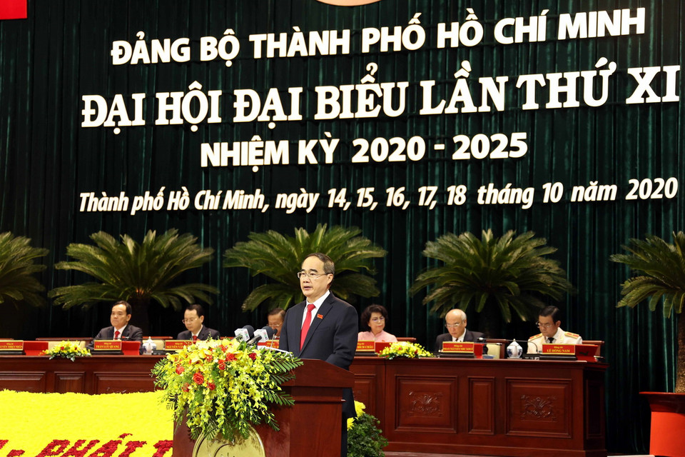  Ủy viên Bộ Chính trị, Bí thư Thành ủy Thành phố Hồ Chí Minh Nguyễn Thiện Nhân phát biểu tại Đại hội. (Ảnh: Thống Nhất/TTXVN)