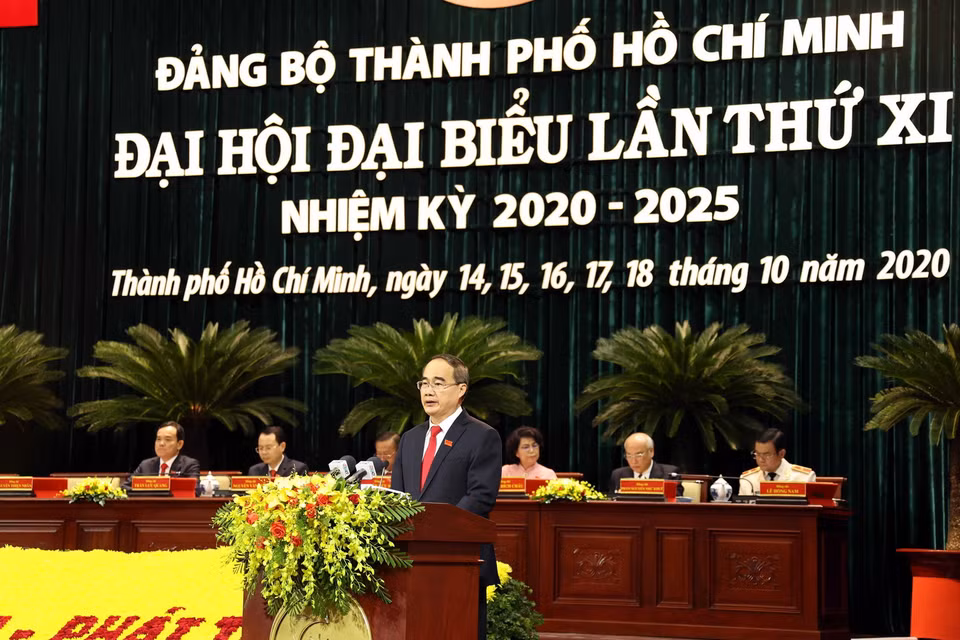  Ủy viên Bộ Chính trị, Bí thư Thành ủy Thành phố Hồ Chí Minh Nguyễn Thiện Nhân phát biểu tại Đại hội. (Ảnh: Thống Nhất/TTXVN)