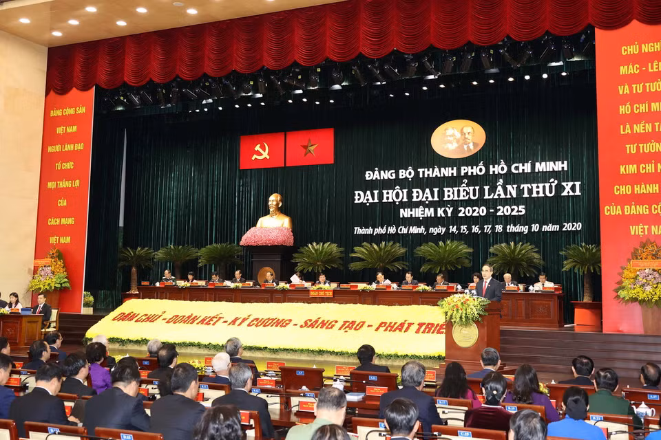  Ủy viên Bộ Chính trị, Bí thư Thành ủy Thành phố Hồ Chí Minh Nguyễn Thiện Nhân phát biểu tại Đại hội. (Ảnh: Thống Nhất/TTXVN)