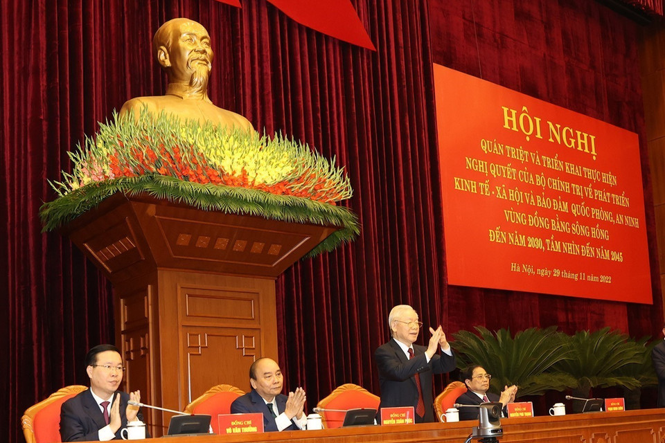 Tổng Bí thư Nguyễn Phú Trọng cùng các lãnh đạo Đảng và Nhà nước chủ trì hội nghị. (Ảnh: Trí Dũng/TTXVN)