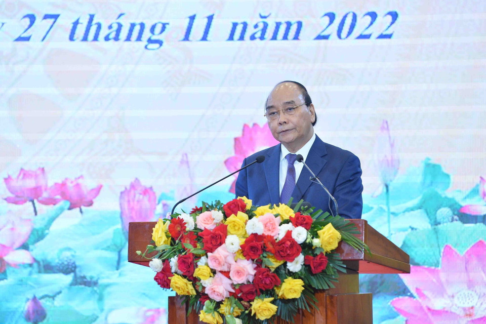 Chủ tịch nước Nguyễn Xuân Phúc phát biểu tại hội nghị. (Ảnh: Minh Đức/TTXVN)