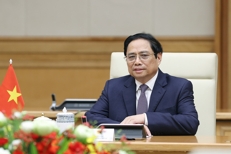 Thủ tướng Phạm Minh Chính phát biểu tại buổi tiếp Tổng thống Cộng hòa Singapore Halimah Yacob. (Ảnh: Dương Giang/TTXVN)