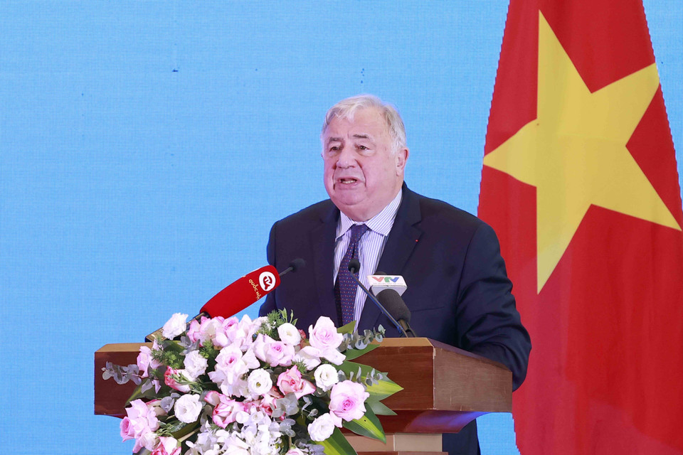 Chủ tịch Thượng viện Cộng hòa Pháp Gérard Larcher phát biểu. (Ảnh: Doãn Tấn/TTXVN)