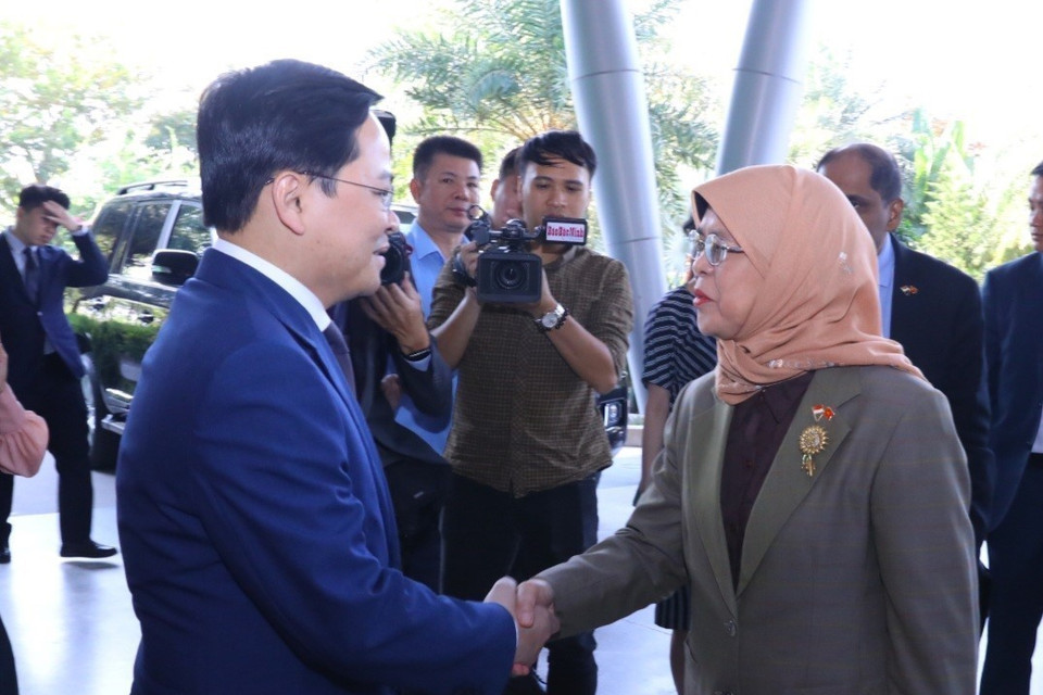 Bí thư Tỉnh ủy Bắc Ninh Nguyễn Anh Tuấn đón Tổng thống Cộng hòa Singapore Halimah Yacob đến thăm Khu Công nghiệp VSIP Bắc Ninh. (Ảnh: Văn Điệp/TTXVN)