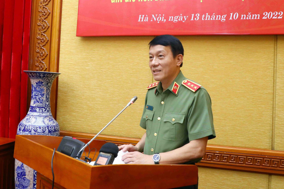 Thượng tướng Lương Tam Quang, Ủy viên Trung ương Đảng, Thứ trưởng Bộ Công an phát biểu. (Ảnh: Phạm Kiên/TTXVN)