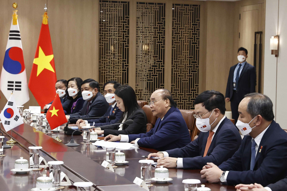 Chủ tịch nước Nguyễn Xuân Phúc phát biểu tại buổi hội đàm. (Ảnh: Thống Nhất/TTXVN)