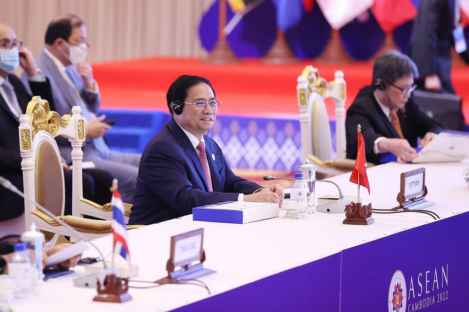 Thủ tướng Phạm Minh Chính dự Phiên toàn thể Hội nghị cấp cao ASEAN lần thứ 40. (Ảnh: Dương Giang/TTXVN)