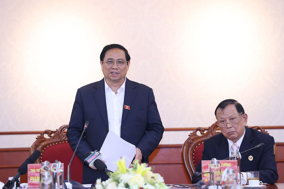 Thủ tướng Phạm Minh Chính phát biểu tại buổi làm việc với Ban Thường vụ Hội Cựu chiến binh Việt Nam. (Ảnh: Dương Giang/TTXVN)