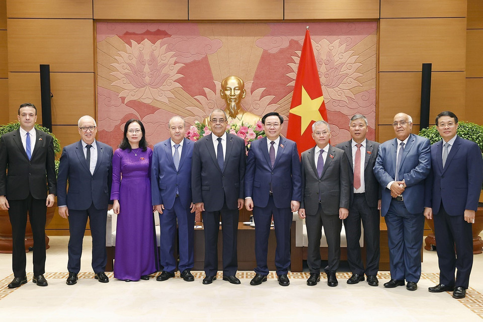 Chủ tịch Quốc hội Vương Đình Huệ chụp ảnh lưu niệm với đại biểu. (Ảnh: Doãn Tấn/TTXVN)