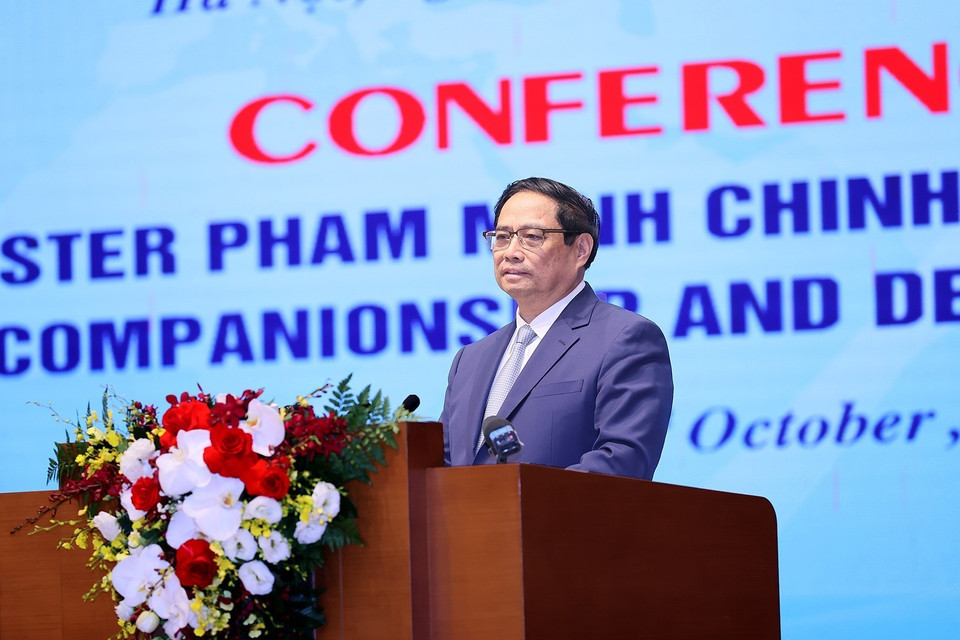Thủ tướng Phạm Minh Chính phát biểu tại Hội nghị Thủ tướng Chính phủ với các doanh nghiệp đầu tư nước ngoài. (Ảnh: Dương Giang/TTXVN)