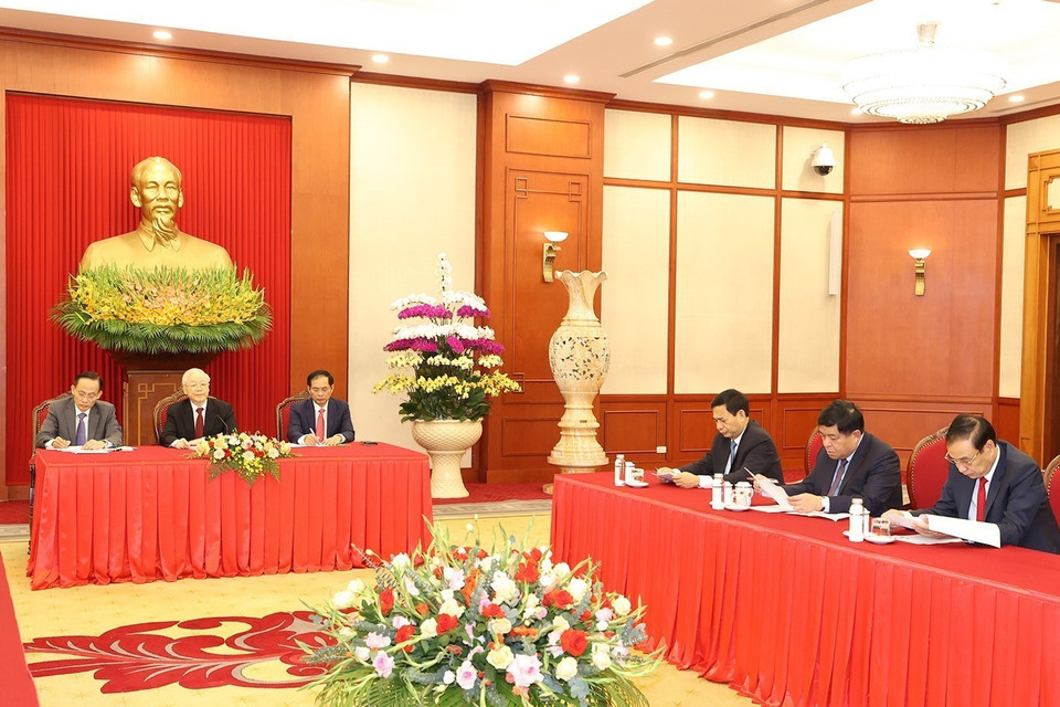 Quang cảnh cuộc điện đàm. (Ảnh: Trí Dũng/TTXVN)