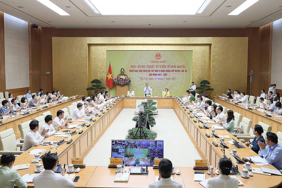 Hội nghị Triển khai Thực hiện Sắp xếp Đơn vị Hành chính cấp huyện, cấp xã tại điểm cầu Chính phủ. (Ảnh: Dương Giang/TTXVN)