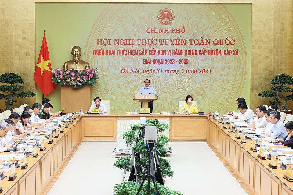 Thủ tướng Phạm Minh Chính kết luận Hội nghị triển khai thực hiện sắp xếp đơn vị hành chính cấp huyện, cấp xã. (Ảnh: Dương Giang/TTXVN)