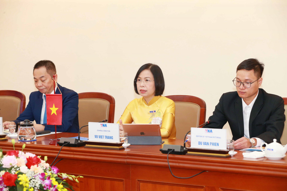 Tổng giám đốc Thông tấn xã Việt Nam Vũ Việt Trang phát biểu tại hội đàm. (Ảnh: Phương Hoa/TTXVN)