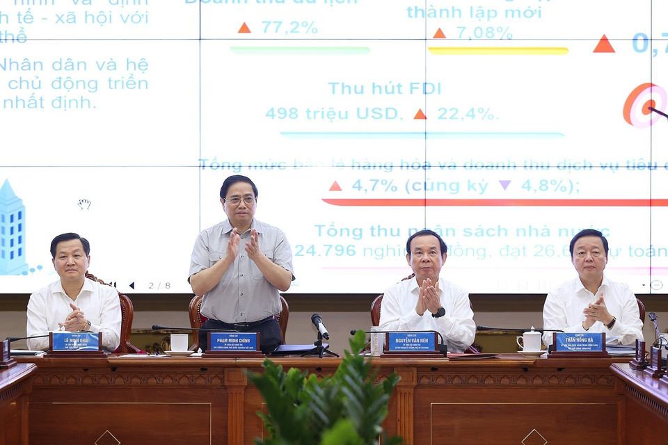 Thủ tướng Phạm Minh Chính chủ trì làm việc giữa Thường trực Chính phủ với Ban Thường vụ Thành ủy Thành phố Hồ Chí Minh. (Ảnh: Dương Giang/TTXVN)