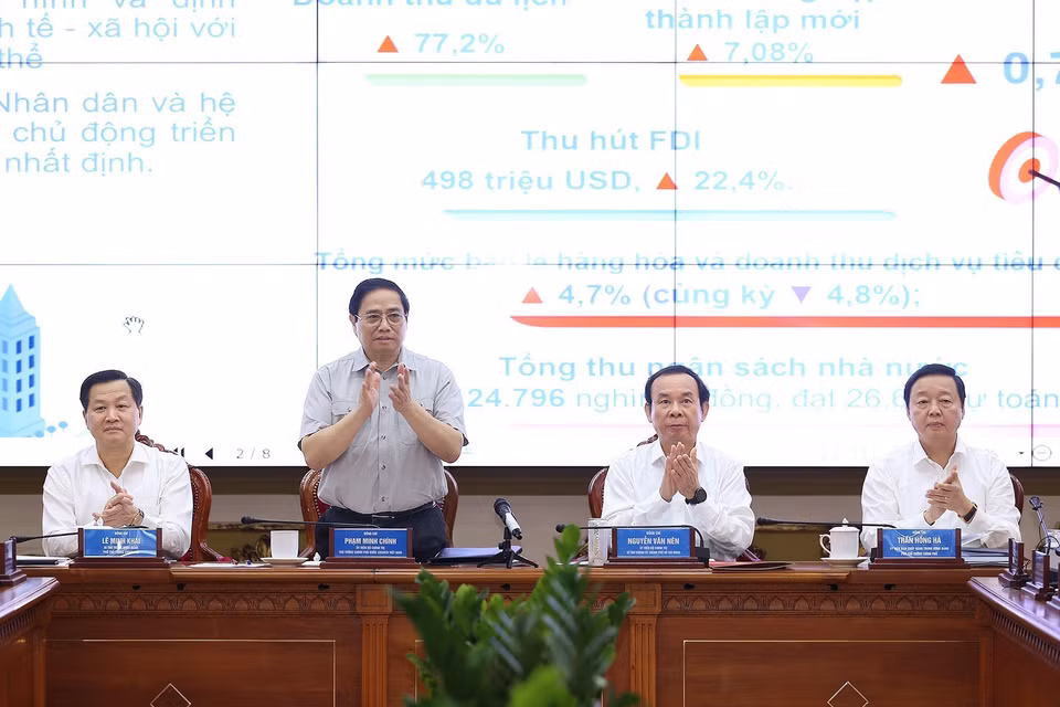 Thủ tướng Phạm Minh Chính chủ trì làm việc giữa Thường trực Chính phủ với Ban Thường vụ Thành ủy Thành phố Hồ Chí Minh. (Ảnh: Dương Giang/TTXVN)