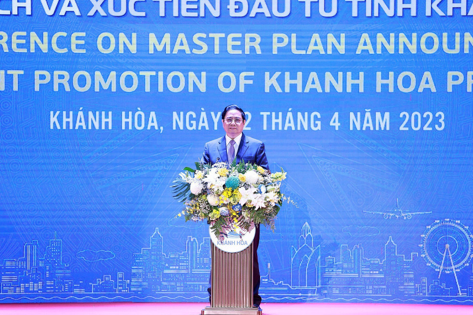 Thủ tướng Phạm Minh Chính phát biểu tại Hội nghị công bố quy hoạch và xúc tiến đầu tư tỉnh Khánh Hòa năm 2023. (Ảnh: Dương Giang/TTXVN)