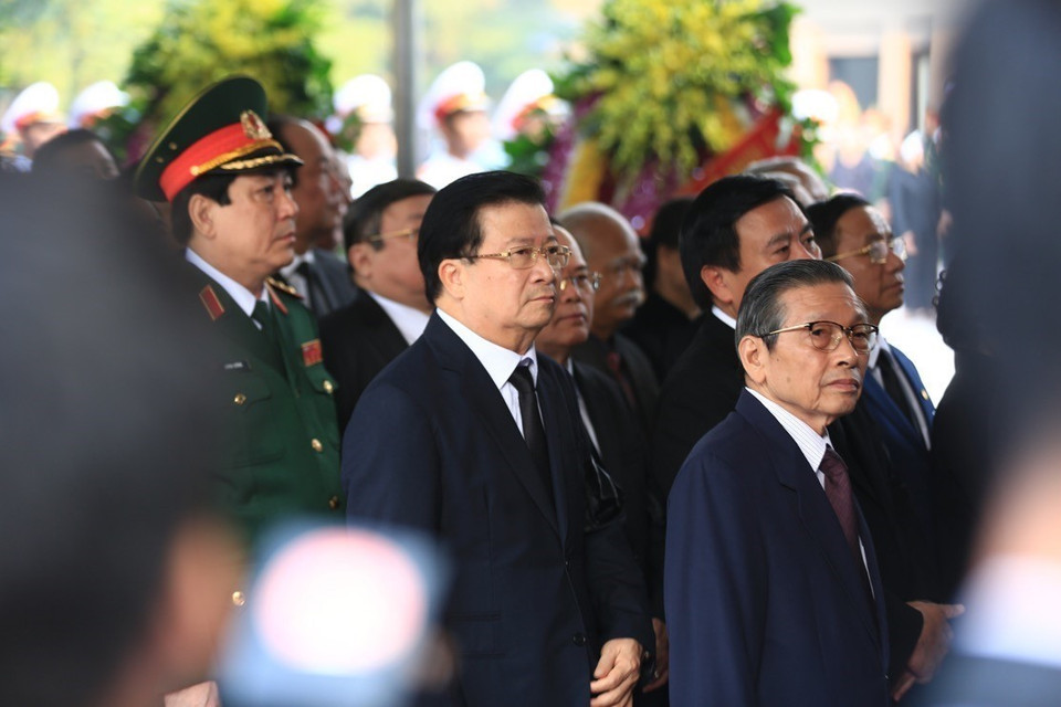 Các vị lãnh đạo, nguyên lãnh đạo Đảng, Nhà nước tại lễ Quốc tang nguyên Tổng Bí thư Đỗ Mười. (Ảnh: Trọng Đạt/TTXVN)