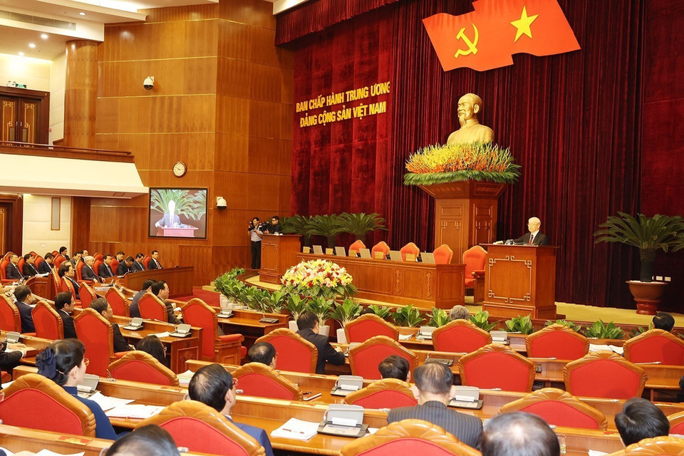 Tổng Bí thư Nguyễn Phú Trọng phát biểu bế mạc Hội nghị. (Ảnh: Trí Dũng/TTXVN)