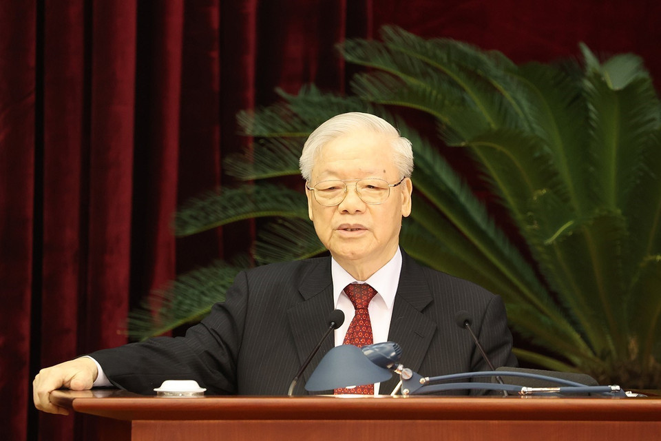 Tổng Bí thư Nguyễn Phú Trọng phát biểu bế mạc Hội nghị. (Ảnh: Trí Dũng/TTXVN)