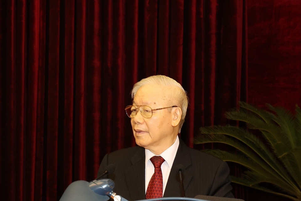 Tổng Bí thư Nguyễn Phú Trọng phát biểu bế mạc Hội nghị. (Ảnh: Trí Dũng/TTXVN)