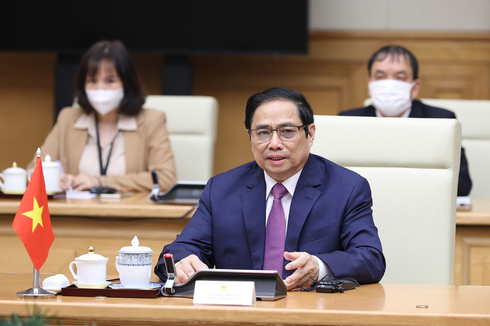 Thủ tướng Phạm Minh Chính phát biểu tại cuộc hội kiến Tổng thống Cộng hòa Sierra Leone Julius Maada Bio. (Ảnh: Dương Giang/TTXVN)