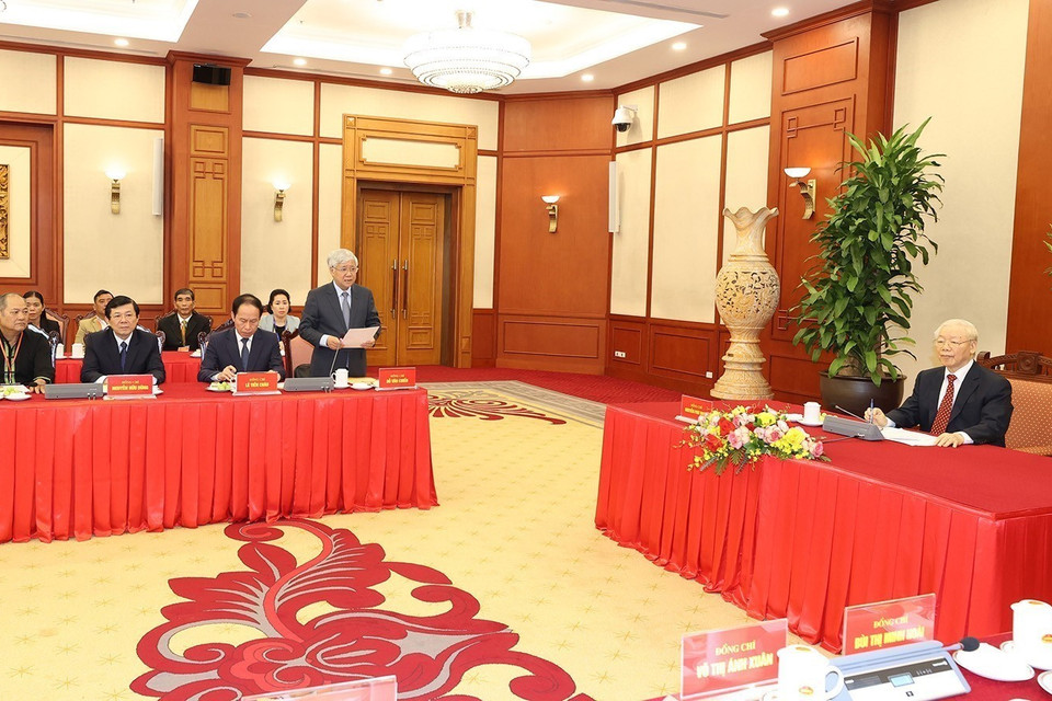 Đồng chí Đỗ Văn Chiến, Bí thư Trung ương Đảng, Chủ tịch Ủy ban Trung ương Mặt trận Tổ quốc Việt Nam phát biểu. (Ảnh: Trí Dũng/TTXVN)