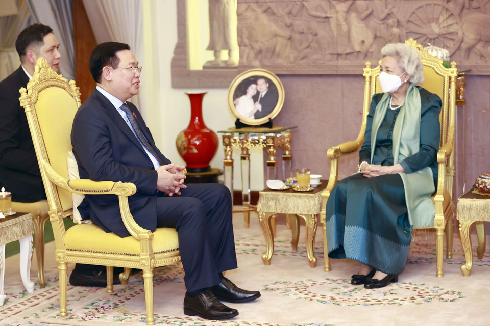 Chủ tịch Quốc hội Vương Đình Huệ yết kiến Hoàng Thái hậu Campuchia Norodom Monineath Sihanouk. (Ảnh: Doãn Tấn/TTXVN)