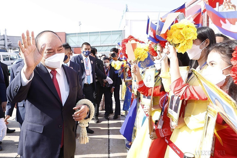 Lễ đón Chủ tịch nước Nguyễn Xuân Phúc thăm cấp nhà nước Vương quốc Campuchia từ ngày 21 đến 22/12/2021. (Ảnh: Thống Nhất/TTXVN)