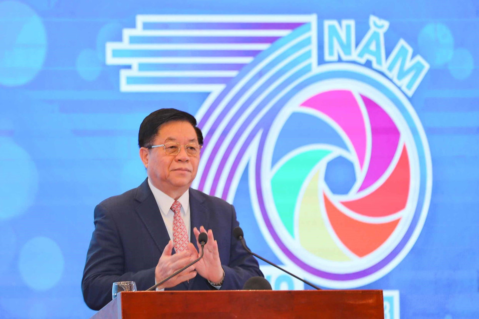 Đồng chí Nguyễn Trọng Nghĩa, Bí thư Trung ương Đảng, Trưởng Ban Tuyên giáo Trung ương phát biểu trong lễ kỷ niệm.(Ảnh: Thanh Tùng/TTXVN)