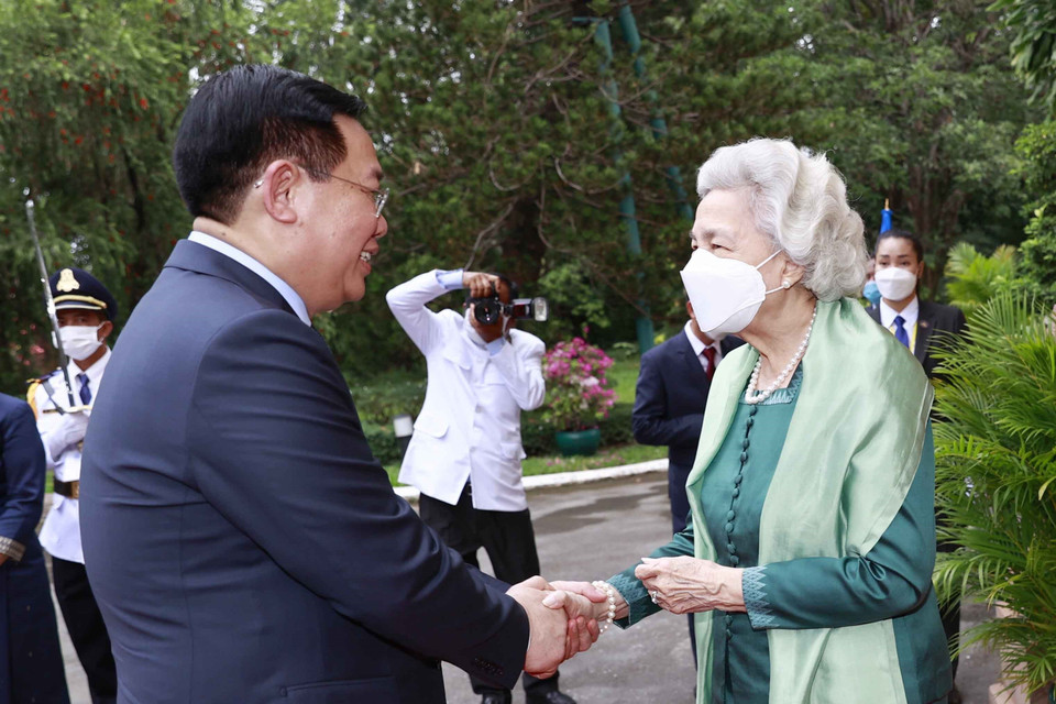 Chủ tịch Quốc hội Vương Đình Huệ yết kiến Hoàng Thái hậu Campuchia Norodom Monineath Sihanouk. (Ảnh: Doãn Tấn/TTXVN)