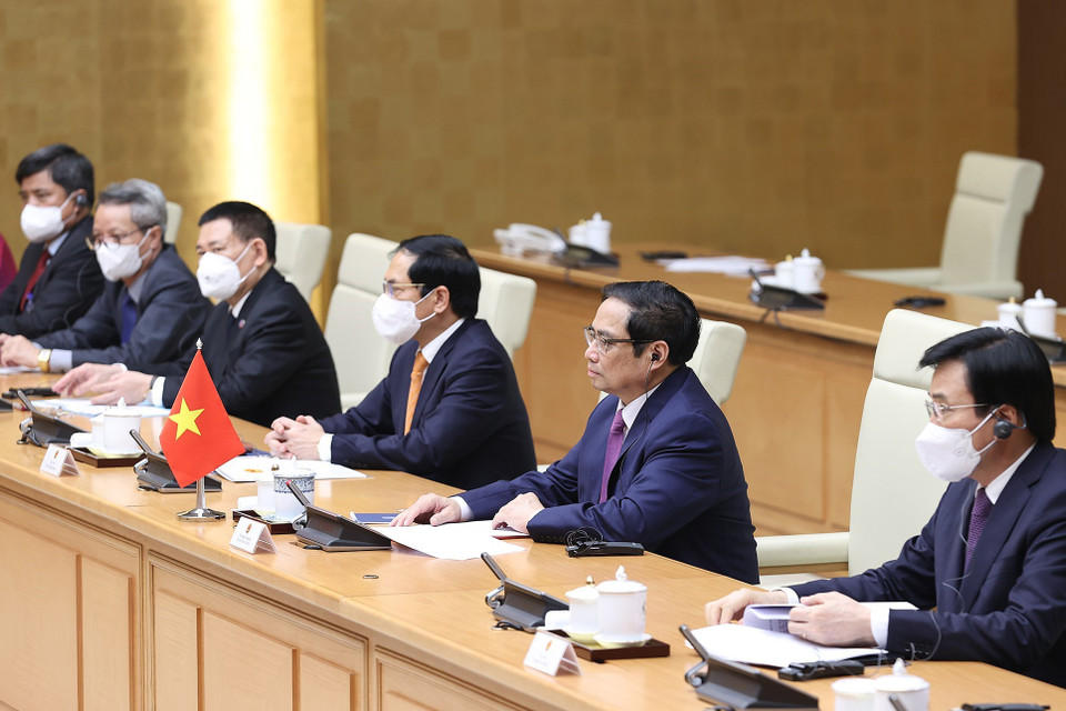 Thủ tướng Phạm Minh Chính và các thành viên đoàn Việt Nam tham dự buổi hội kiến. (Ảnh: Dương Giang/TTXVN)