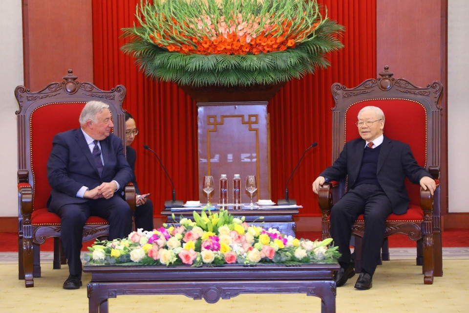 Tổng Bí thư Nguyễn Phú Trọng tiếp Chủ tịch Thượng viện Cộng hòa Pháp Gérard Larcher. (Ảnh: Văn Điệp/TTXVN)