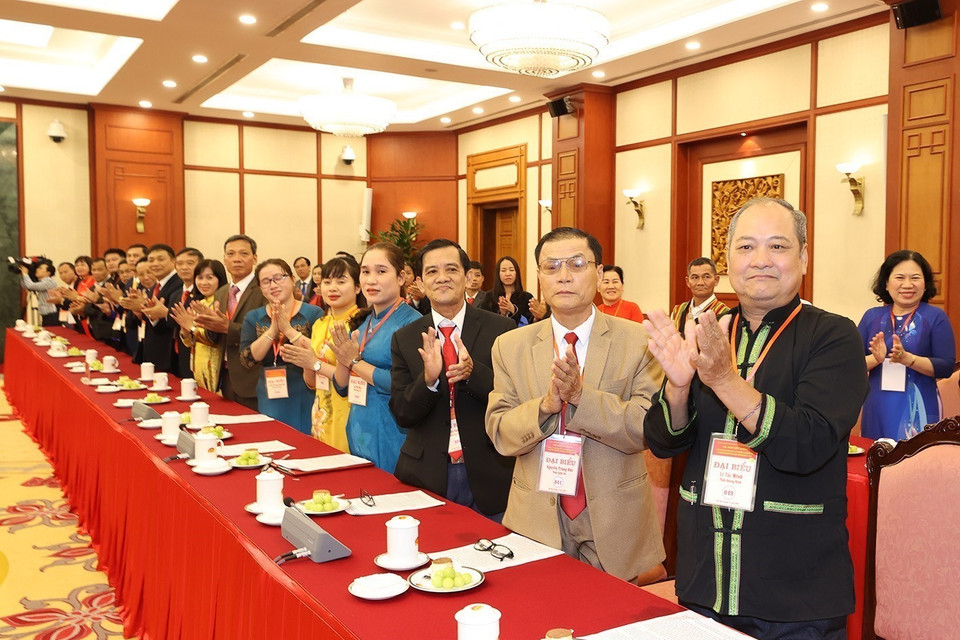 Các đại biểu tham dự buổi gặp mặt Tổng Bí thư Nguyễn Phú Trọng. (Ảnh: Trí Dũng/TTXVN)