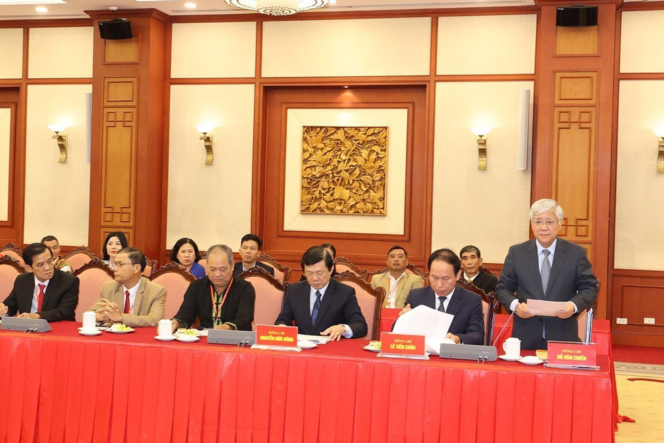 Đồng chí Đỗ Văn Chiến, Bí thư Trung ương Đảng, Chủ tịch Ủy ban Trung ương Mặt trận Tổ quốc Việt Nam phát biểu. (Ảnh: Trí Dũng/TTXVN)