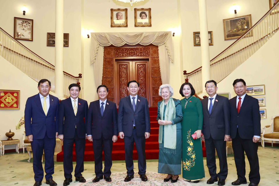 Chủ tịch Quốc hội Vương Đình Huệ và các đại biểu đoàn Việt Nam chụp ảnh chung với Hoàng Thái hậu Norodom Monineath Sihanouk. (Ảnh: Doãn Tấn/TTXVN)