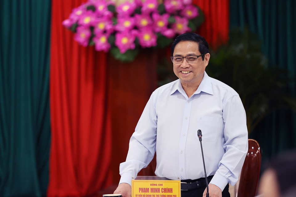 Thủ tướng Phạm Minh Chính phát biểu tại buổi làm việc với lãnh đạo chủ chốt tỉnh Bình Phước. (Ảnh: Dương Giang/TTXVN)