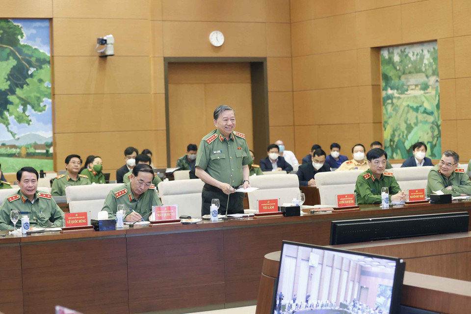 Đại tướng Tô Lâm, Ủy viên Bộ Chính trị, Bí thư Đảng ủy Công an Trung ương, Bộ trưởng Bộ Công an phát biểu. (Ảnh: Doãn Tấn/TTXVN)