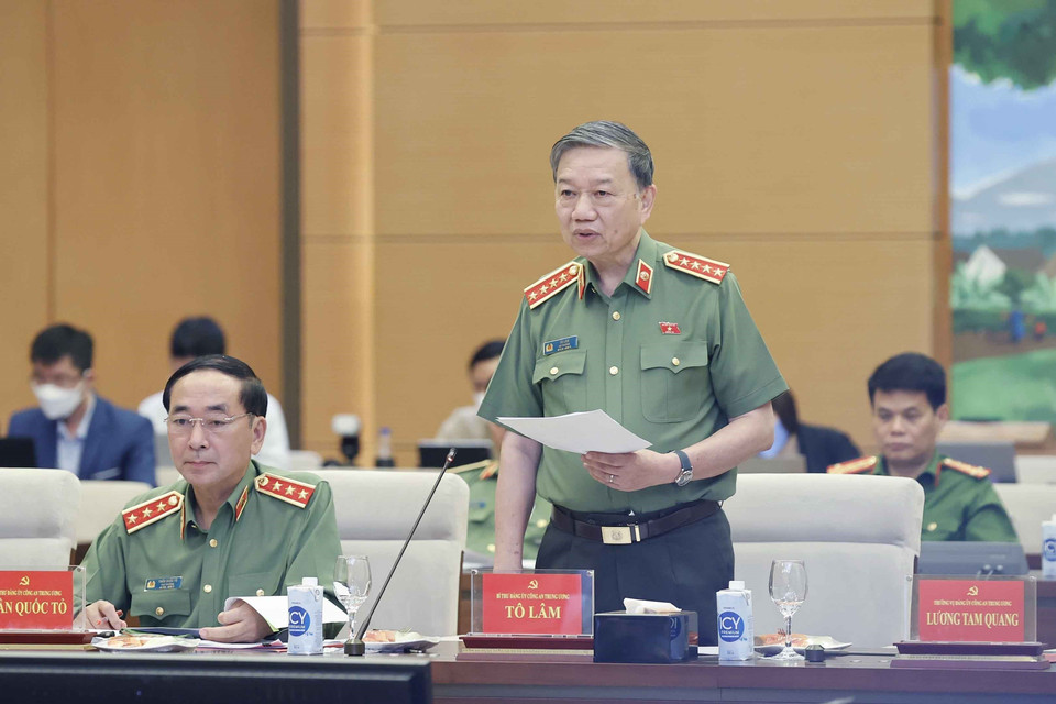 Đại tướng Tô Lâm, Ủy viên Bộ Chính trị, Bí thư Đảng ủy Công an Trung ương, Bộ trưởng Bộ Công an phát biểu. (Ảnh: Doãn Tấn/TTXVN)