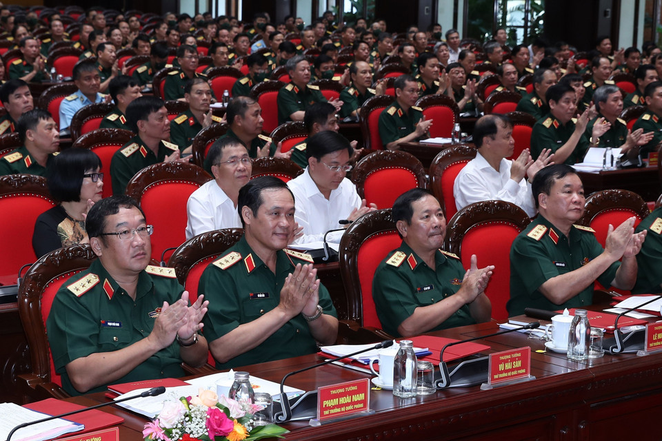 Các đồng chí lãnh đạo Bộ Quốc phòng dự hội nghị. (Ảnh: Trọng Đức/TTXVN)